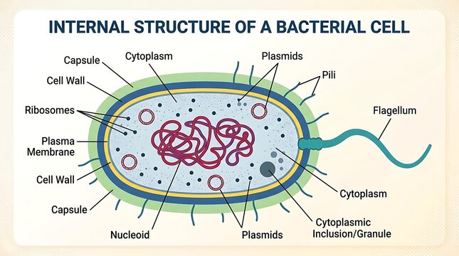 Detailed biological diagram of a bacterial cell structure with bacteria
