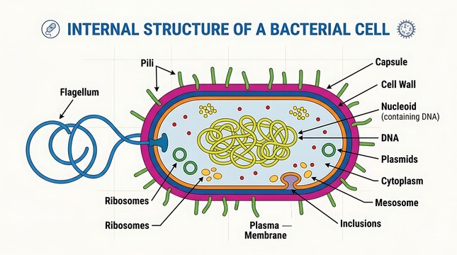 Scientific diagram of the internal structure of a bacterial cell with bacteria