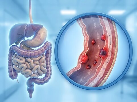 3d medical illustration of the human digestive system with a magnified view of the intestinal wall showing polyps or cancerous growths