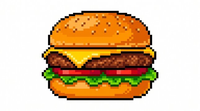 Delicious cheeseburger in pixel art style, isolated on pure white background, vibrant colors, retro game food icon, premium sprite