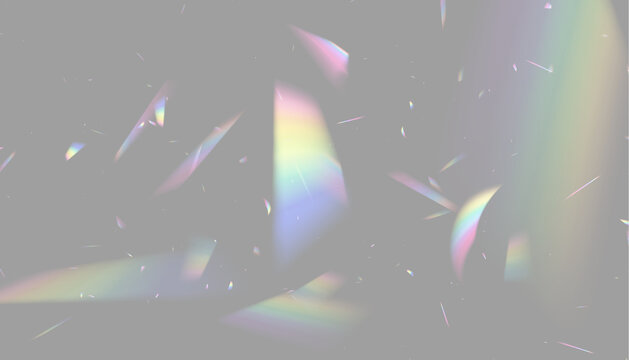 Prismatic light shards creating multicolored reflections on a black background with scattered iridescent fragments on transparent background