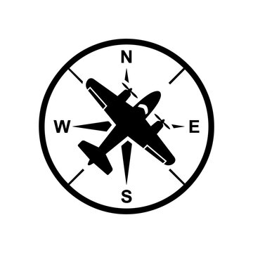 Black and white compass navigation featuring a silhouette of an airplane in the center, isolated on a white background