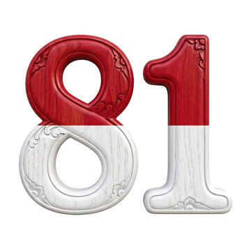 3D Rendered Number 81 Featuring the Indonesian Flag Colors with Ornate Wood Carvings