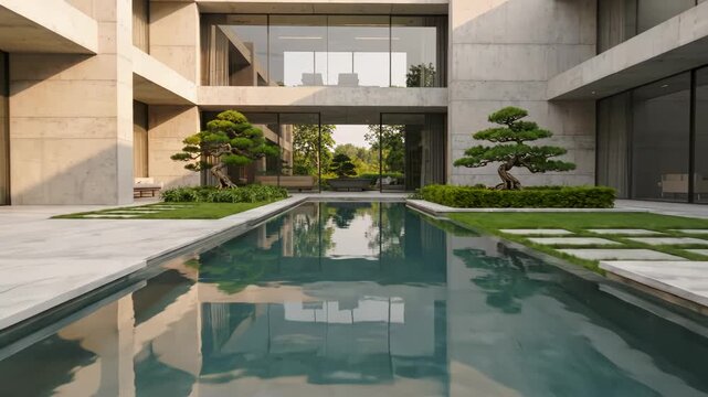 Modern Luxury Villa with Long Reflective Pool and Bonsai Gardens