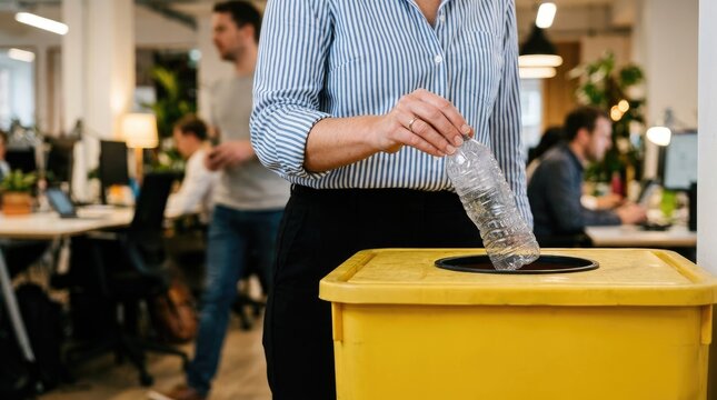 Woman recycling plastic water bottle in office yellow bin