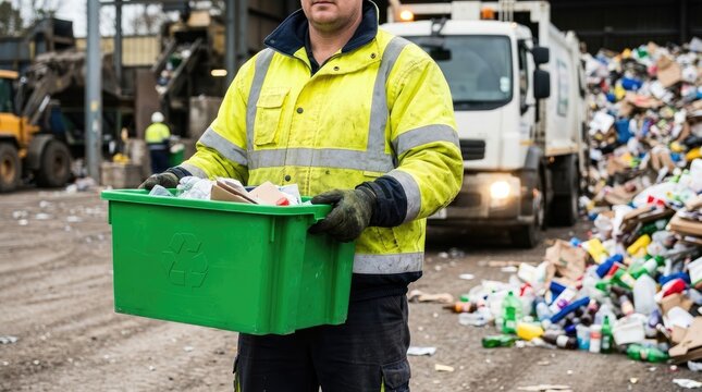 Recycling worker holding green bin at waste management facility