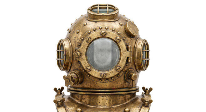Vintage brass diving helmet with porthole windows and bolted construction