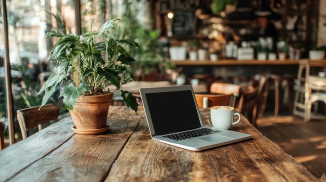 A laptop and a cup of coffee on a wooden table in a cafe.