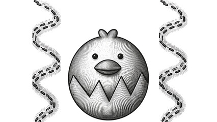 Cute chick hatching from egg with wavy serpentines grayscale vector illustration © Fitri Xcv