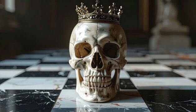 Human skull wearing crown on marble chessboard.