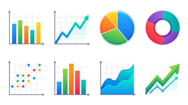 Set of Diverse Data Visualization Elements Featuring Colorful Pie Charts and Analytical Trends