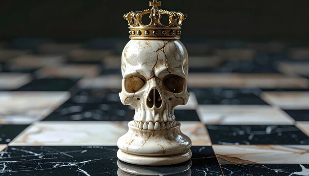 Human skull with gold crown on marble chessboard.