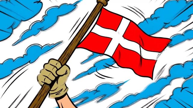 Hand Waving Denmark Flag against Blue Sky Cartoon Illustration