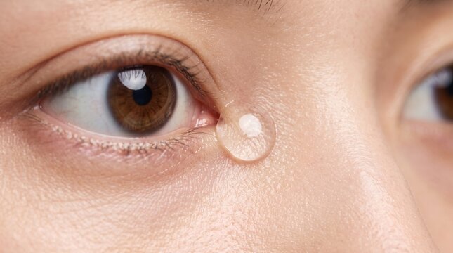 Crying brown eye with single tear drop on skin, emotional woman weeping, close up of watery eye and teardrop, sadness and grief concept
