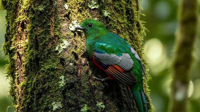 Vibrant Resplendent Quetzal Perched on Mossy Tree Trunk in Cloud