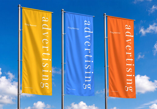 Three Feather Flag Banner Mockup on Blue Sky Background