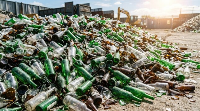 Large pile of empty glass bottles for recycling at an industrial facility