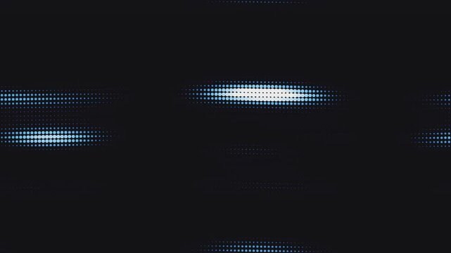 Glowing blue halftone light spheres floating in darkness creating rhythmic patterns for modern motion video clip