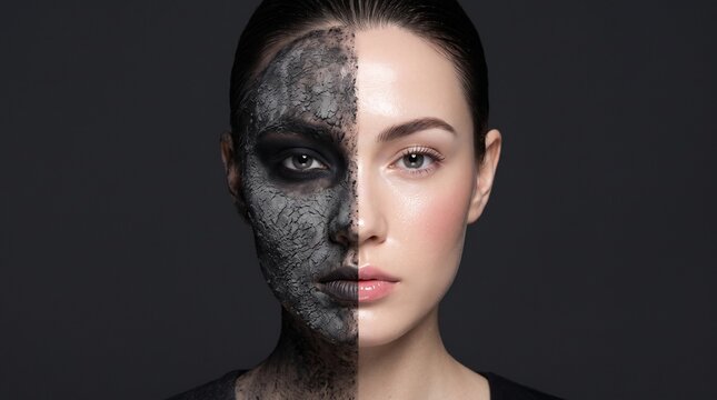 Conceptual beauty portrait of woman with cracked dry skin texture, split face transformation showing healthy skin and damaged charcoal mask effect