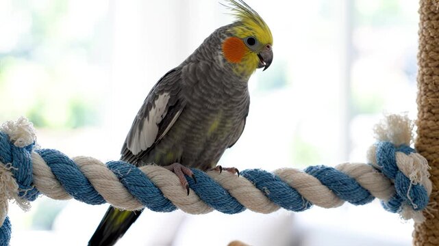 Cockatiel perched on blue-and-white rope perch, preening and looking around in bright indoor setting