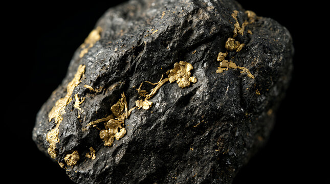 Gold ore embedded in a jagged black rock surface highlights the natural formation of precious metals found in deep earth deposits for mining, geology, and financial investment industry concepts.