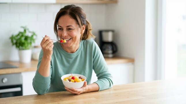 Smiling woman eating mixed fruit cocktail from white bowl. Happy female enjoying sweet canned dessert with spoon in modern kitchen. Healthy snack lifestyle