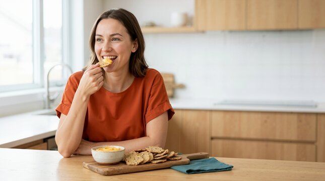 Smiling woman eating a cracker with cheese dip in a modern kitchen. Happy female enjoying a healthy snack at home