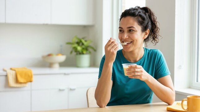 Smiling woman eating vanilla pudding from a plastic cup with a spoon. Happy female enjoying a sweet dessert snack in a modern kitchen