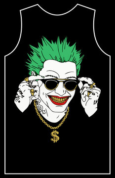 Joker Tank Top Illustration Featuring a Stylized Character with Green Spiky Hair, White Face Paint, Red Grin, Sunglasses, Gold Chain Necklace, and Ske