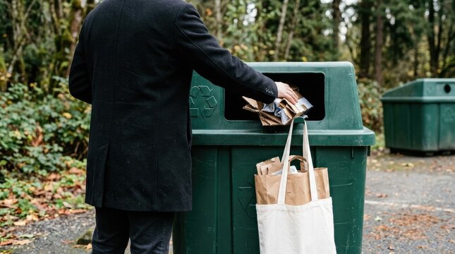 Person recycling cardboard waste in an outdoor green bin