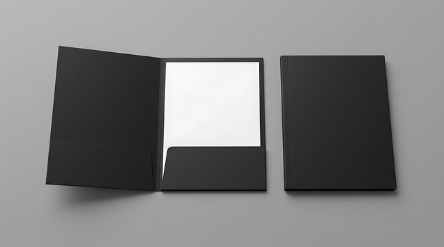 Professional black presentation folders mockup with blank white sheet for custom branding