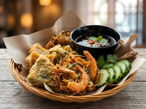 Crispy Malaysian prawn fritters (Cucur Udang) served with fried tofu, cucumber slices, and sweet chili dipping sauce in a woven rattan basket on a wooden table.