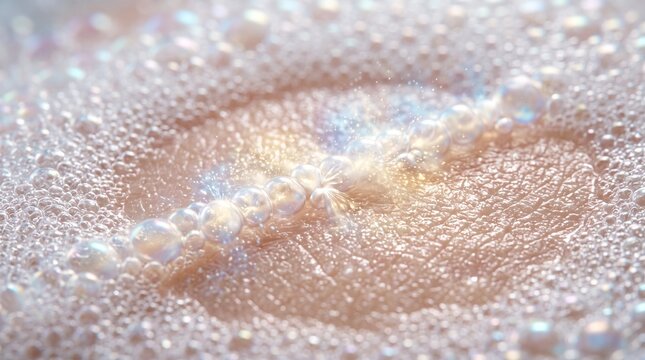 Iridescent soap bubbles macro texture, shimmering pearlescent foam background, soft pink and gold liquid lather for beauty and skincare advertising