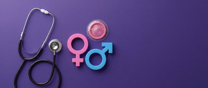 Medical symbols and gender icons displayed on purple background with stethoscope with emphasizing healthcare reproductive health themes contraceptive device arranged