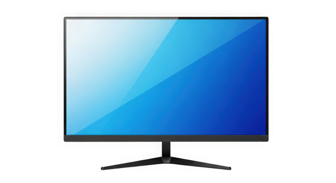 Modern computer monitor with a glowing blue digital screen display isolated on transparent background