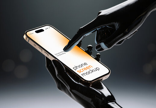 i Phone Screen Mockup Held by Black Gloved Hand on Dark Backgroundi