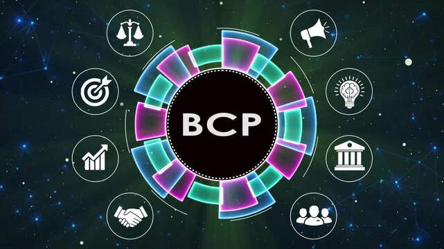 Business continuity planning concept animation with neon tech icons in motion.
