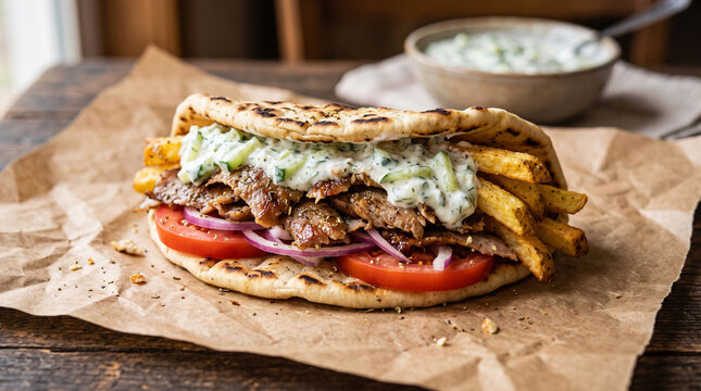 Greek Gyro served in a warm pita bread, likely featuring roasted pork or chicken.