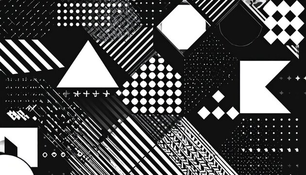 Geometric monochrome pattern with triangles and dashed lines.