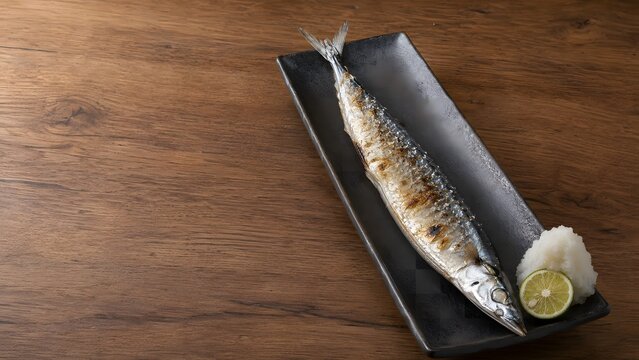 grilled pacific saury with grated daikon and sudachi citrus with copy space