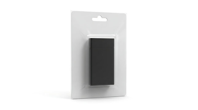 Mockup of Black Electronic Gadget in Realistic Blister Packaging with White Hang Tag