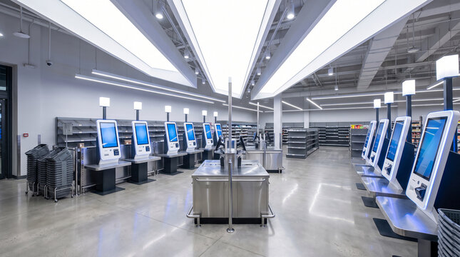 Modern automated self checkout terminals with digital screens in a spacious futuristic supermarket interior with bright overhead lighting