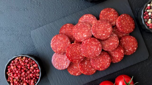 Slices of smoked pepperoni or salami for making homemade pizza. Sliced pepperoni as a food background for your design