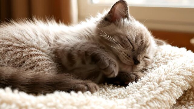 Fluffy kitten sleeping peacefully on a soft blanket in warm window light