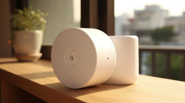 Compact round white disc-shaped proximity sensor device, a modern electronic technology component.