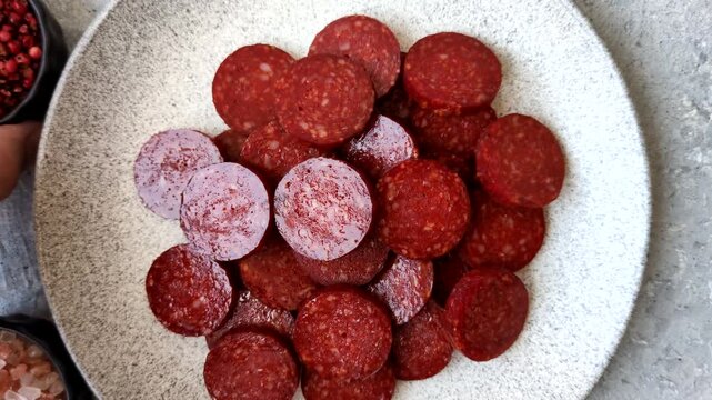 Slices of smoked pepperoni or salami for making homemade pizza. Sliced pepperoni as a food background for your design