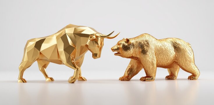 Golden bull and bear statues facing each other on a plain background representing the stock market trends and financial investment concepts