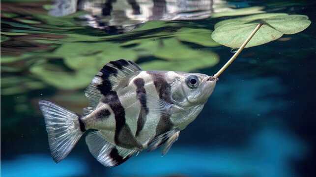 cyclotis. Archerfish aiming at an insect above the water surface. wildlife magazines, conservation campaigns, designed for nature documentaries and education, supports conservation.