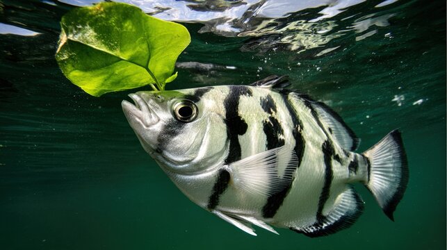cyclotis. Archerfish aiming at an insect above the water surface. wildlife magazines, conservation campaigns, designed for nature documentaries and education, supports conservation.