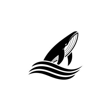 Minimalist black whale jumping out of ocean waves icon isolated on white